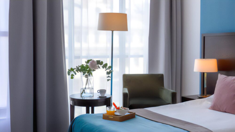 bright room with a double bed, window with curtains, small table, armchair, and vase of flowers